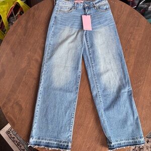 Juniors Wide Leg Rhinestone Pocket Jeans in Medium Denim, 5/27x31